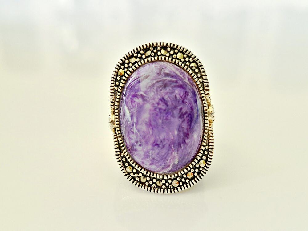 Vintage Sterling Silver Purple Charoite and Marcasite Statement Ring